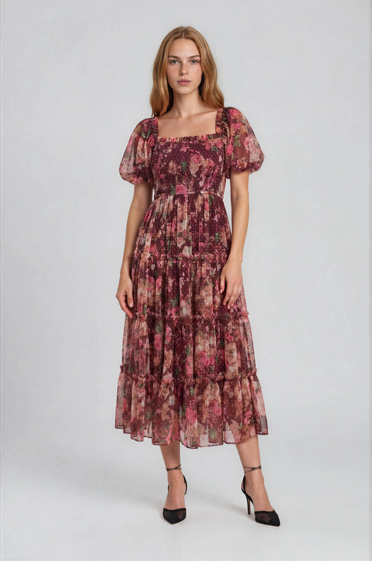 Floral Rose Burgundy Tulle Dress