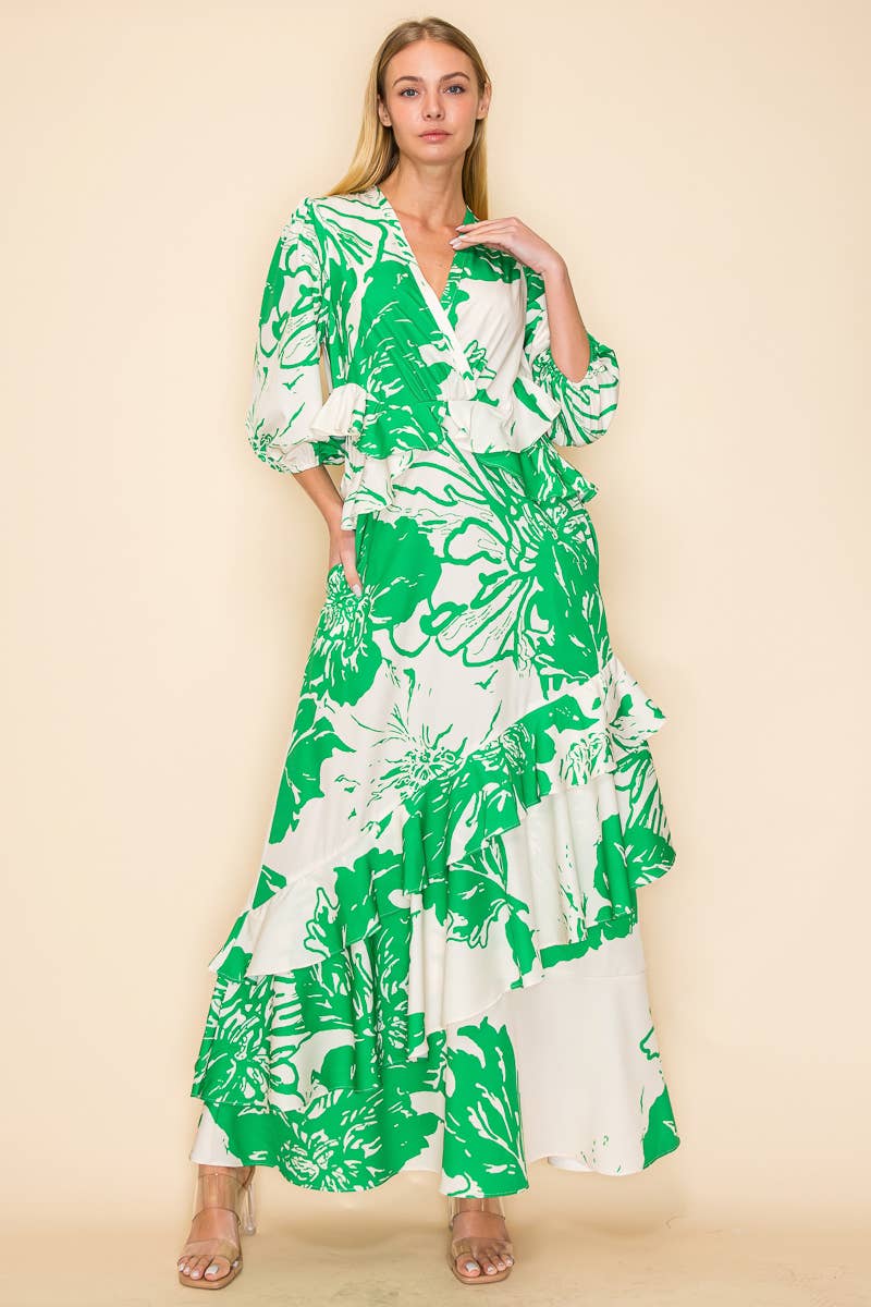 V NECK DRESS WITH RUFFLES AND POCKETS
