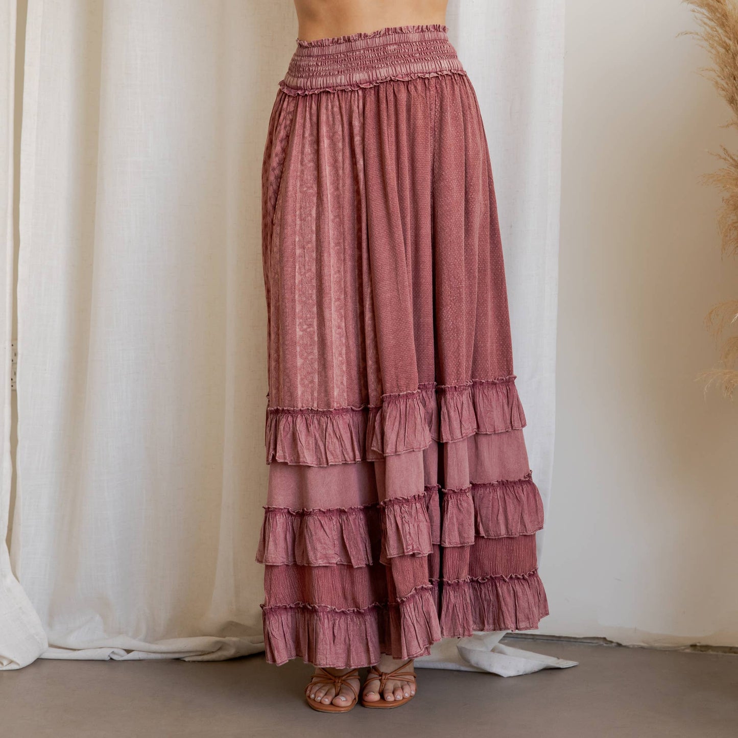 Rustic Smocked Waist Ruffled Tiered Maxi Skirt