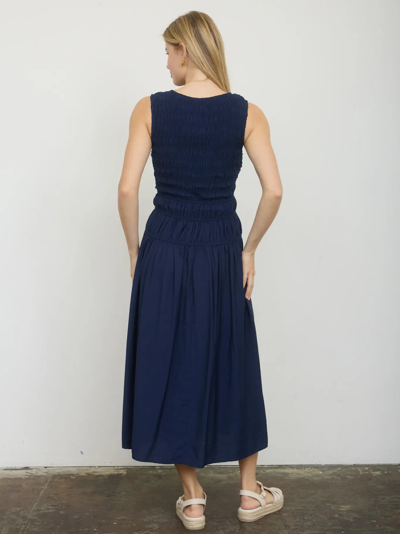 Navy Blue Keyhole Smocked Midi Dress