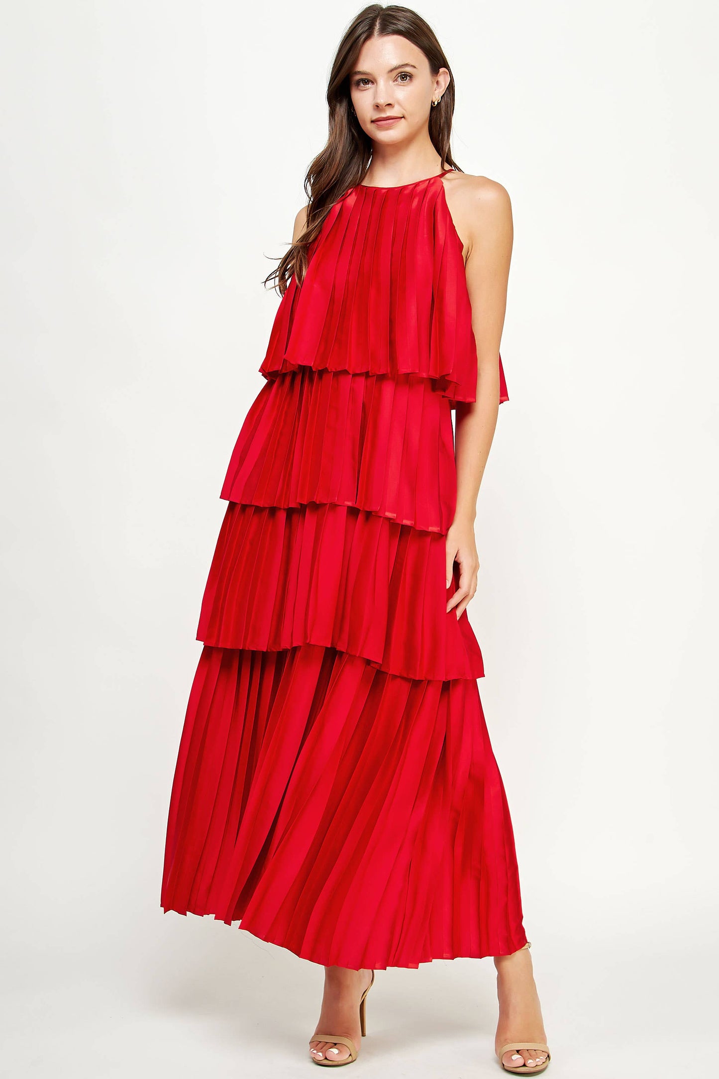 Pleated Satin Tiered Maxi Dress