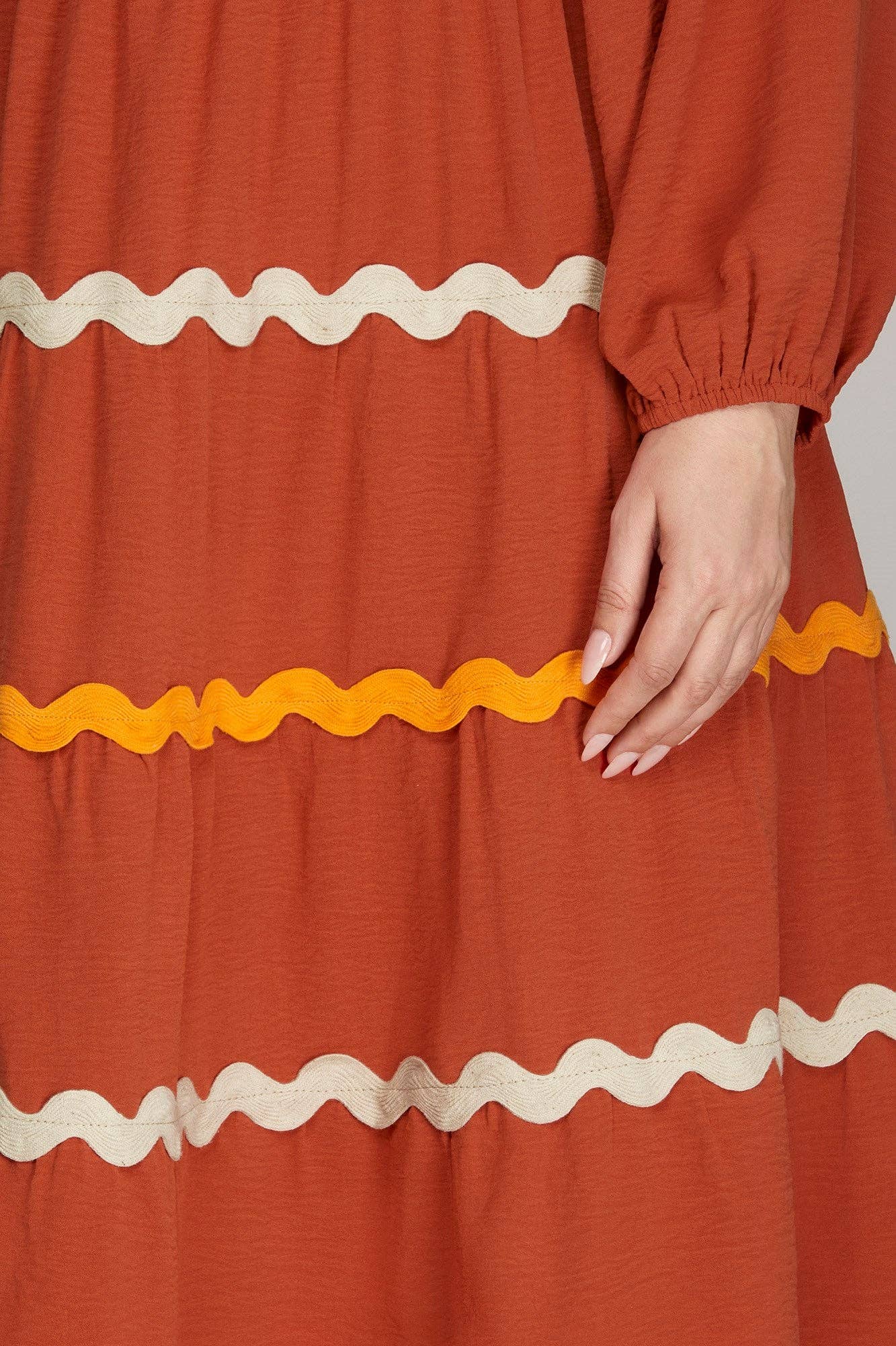PLUS - LONG SLEEVE WOVEN TIERED RIC RAC TRIM DRESS-SKPSY7180