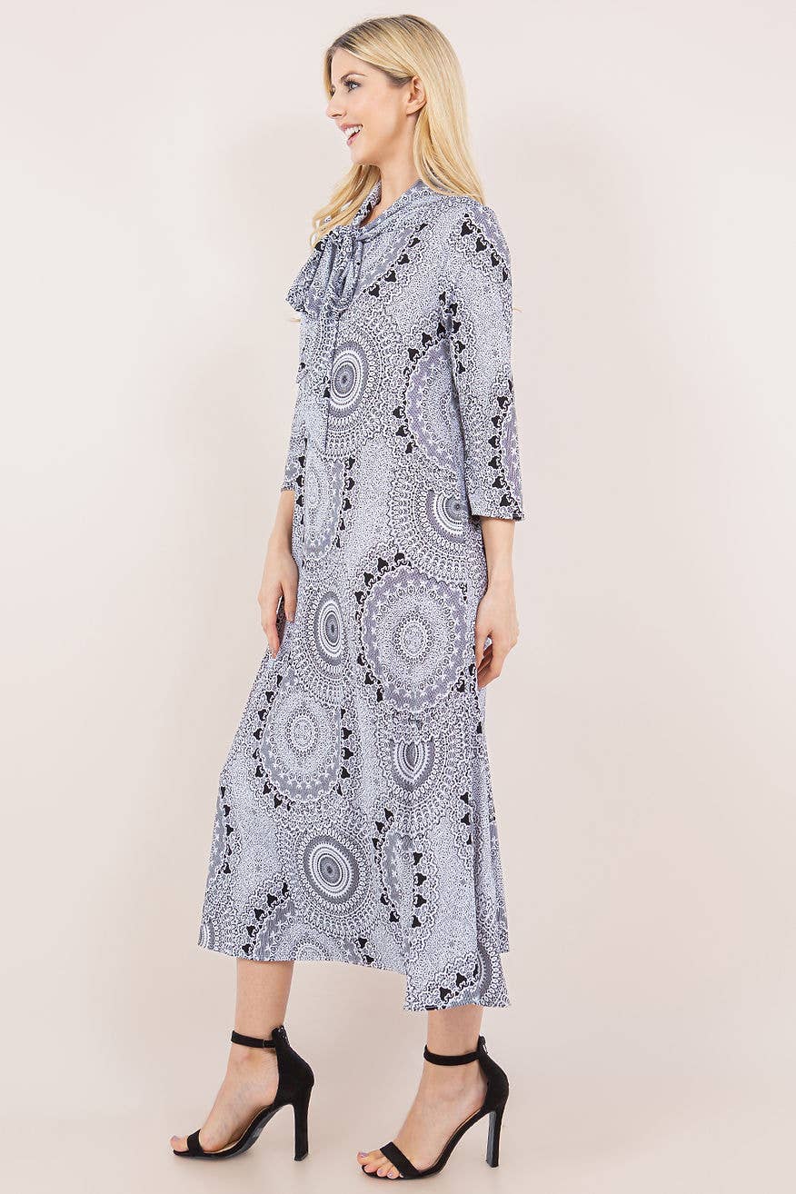 PLUS SIZE TIE-NECK A-LINE MODEST DRESS WITH SIDE POKTES