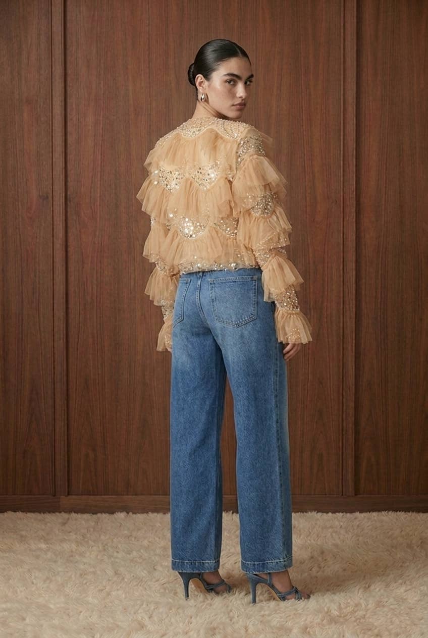 Embellished Tiered Ruffle Mesh Jacket