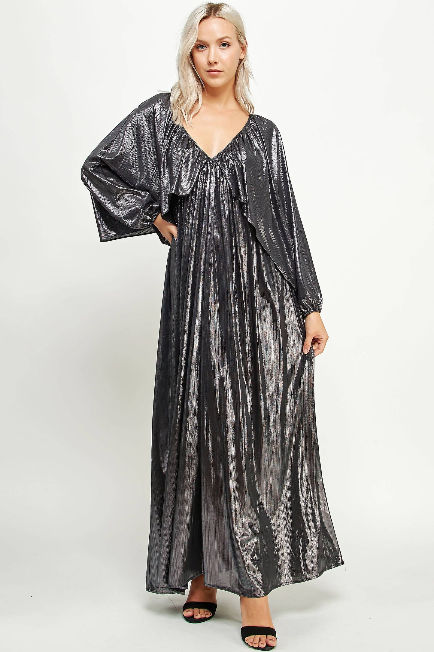Shirred Metallic Maxi Dress