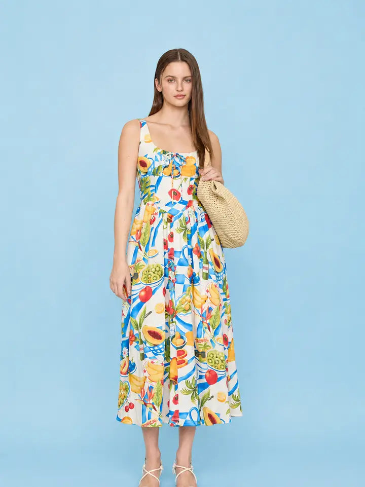 Tropical Feast Tie-Front Midi Dress