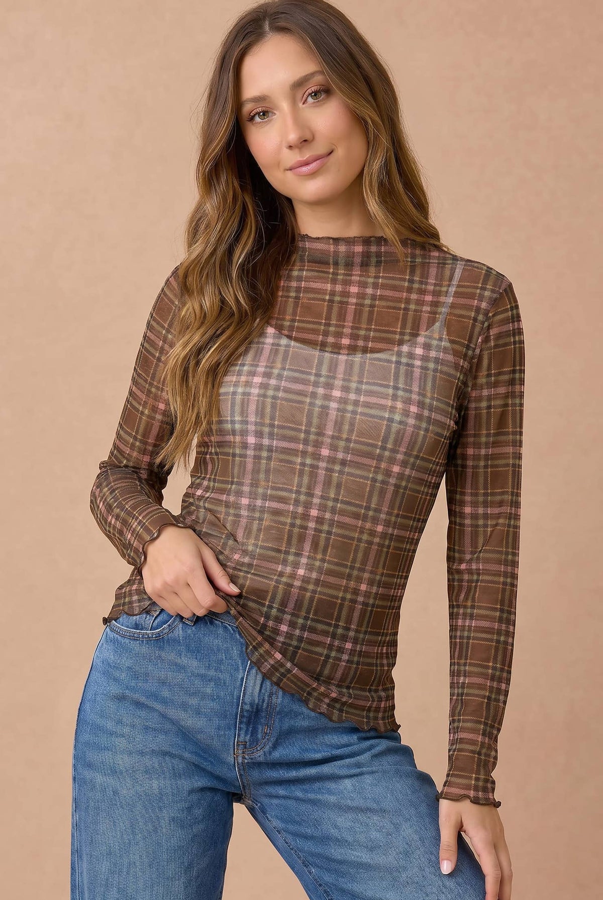Plus Plaid Mesh Sheer Top