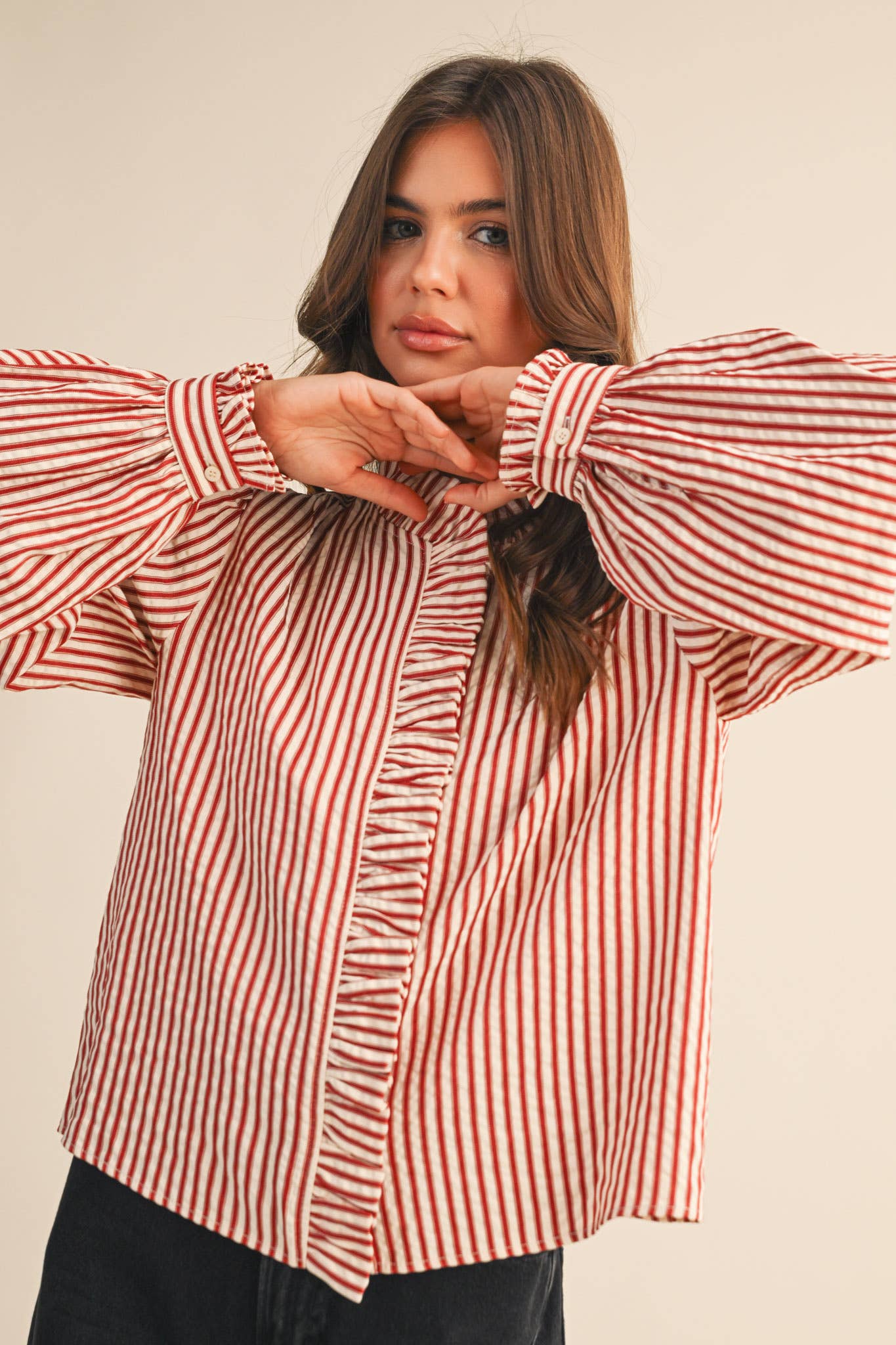 STRIPED RUFFLED BUTTON DOWN LONG SLEEVE TOP MTP4319