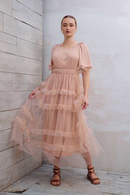 SHORT SLEEVE TULLE TIER MIDI DRESS
