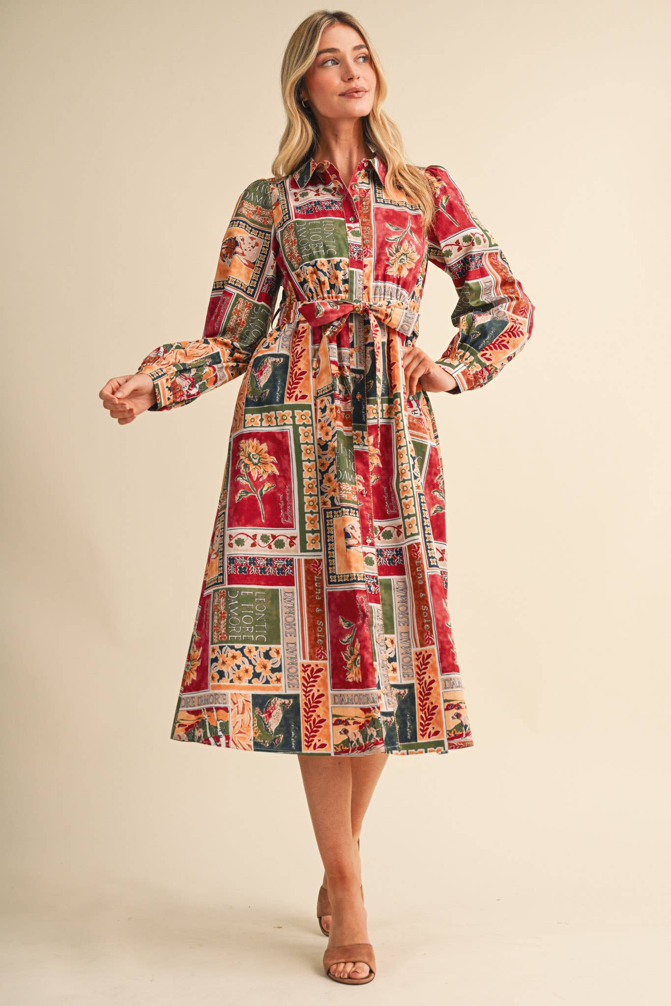 PATCHWORK PRT EMBELLISHED BUTTON DWN BELTED MIDI DRS MDR5359