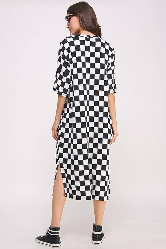 1/2 SLEEVE RIBBED CHECKERBOARD MIDI DRESS