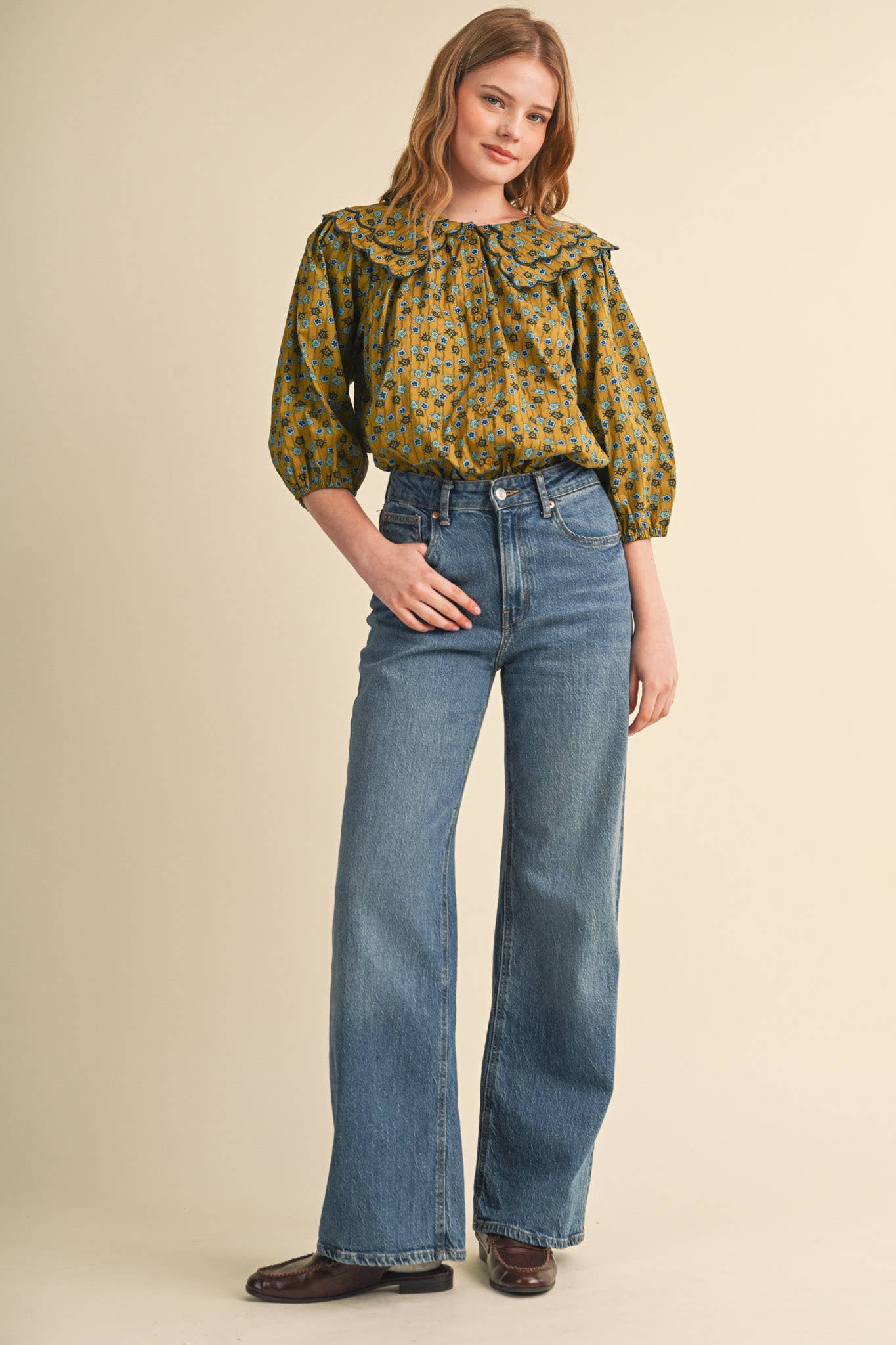 SCALLOPED DOLL COLLAR BUTTON UP FLORAL TOP MTP4964