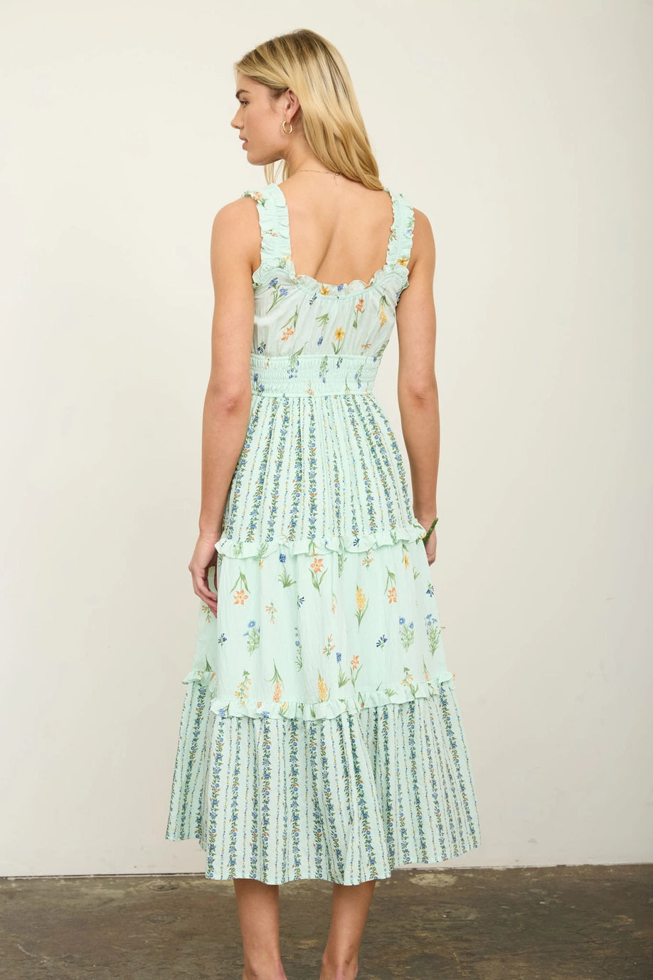 Sage Tiered Multi-colorblock Floral Midi Sundress