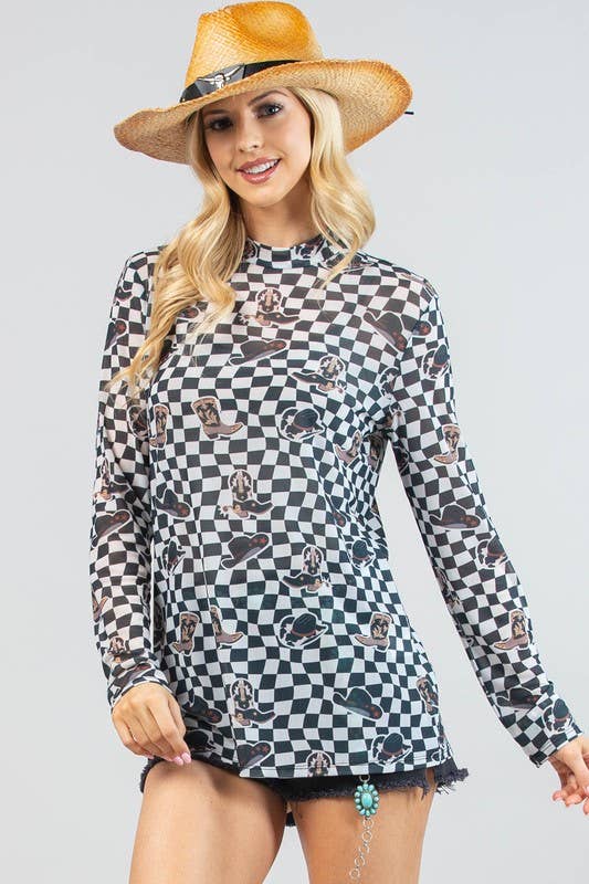 AV1230-VALERIE-5442 WESTERN PRINT CHECKERS PRINT MESH TOP