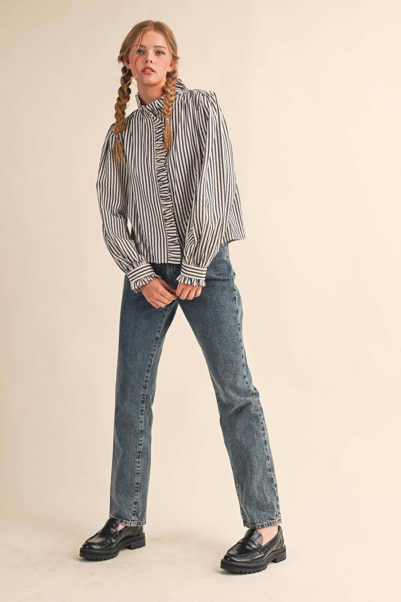 STRIPED RUFFLED BUTTON DOWN LONG SLEEVE TOP MTP4319