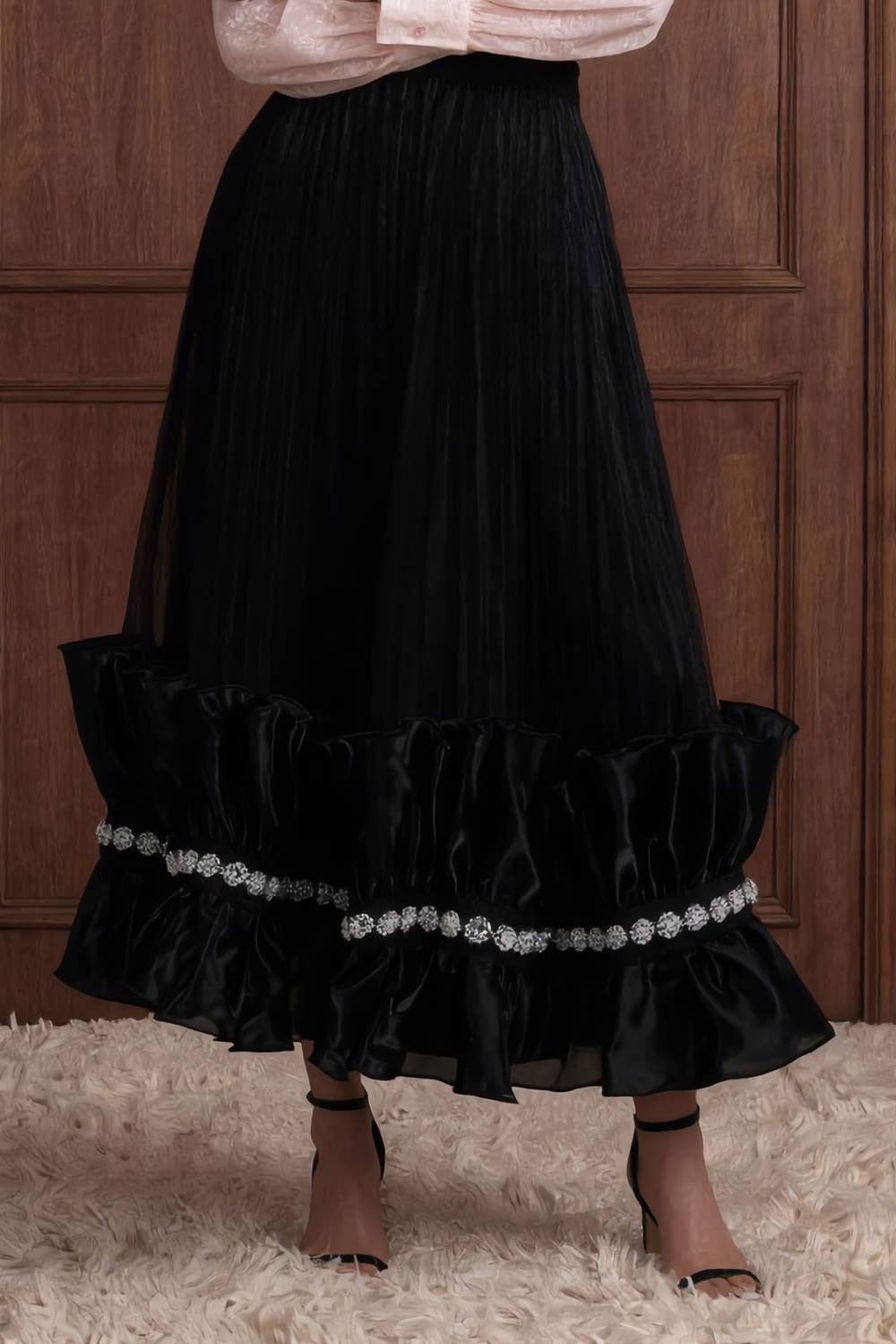 Embellished Ruffle Tulle Maxi Skirt