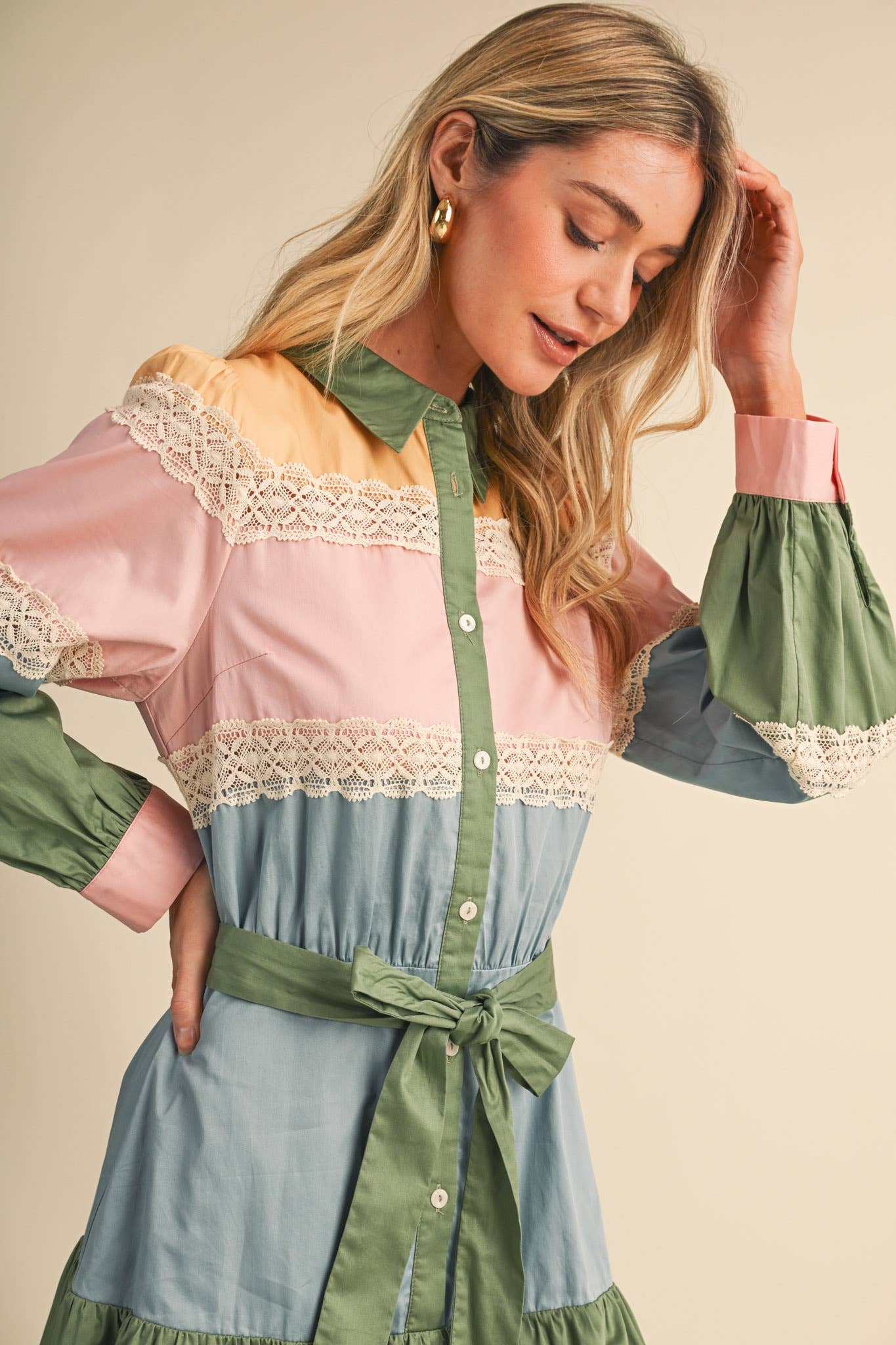 TIERED COLOR BLOCK LACE TRIM BUTTON UP MIDI DRESS MDR5266