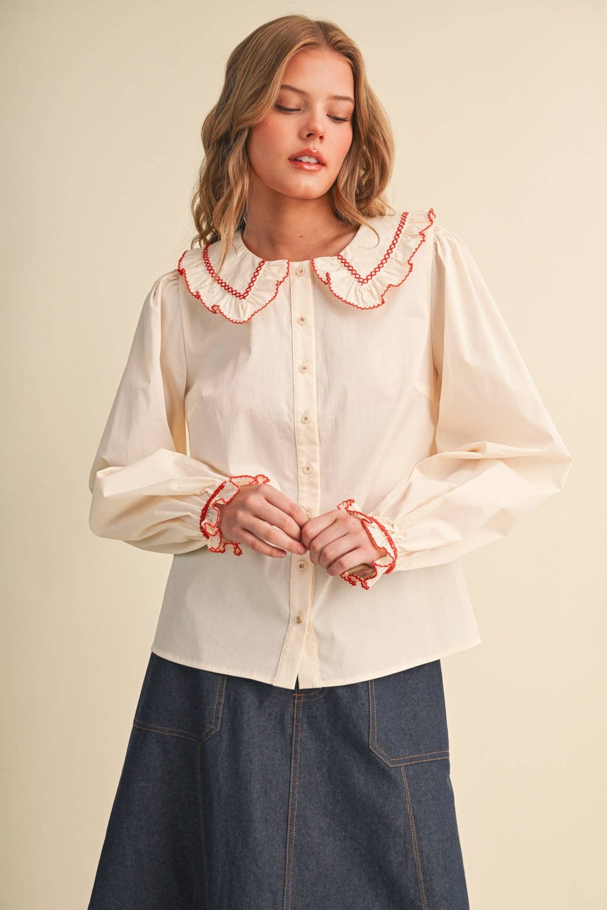 EMBROIDERED RUFFLED DOLL COLLAR BUTTON UP TOP MTP5154