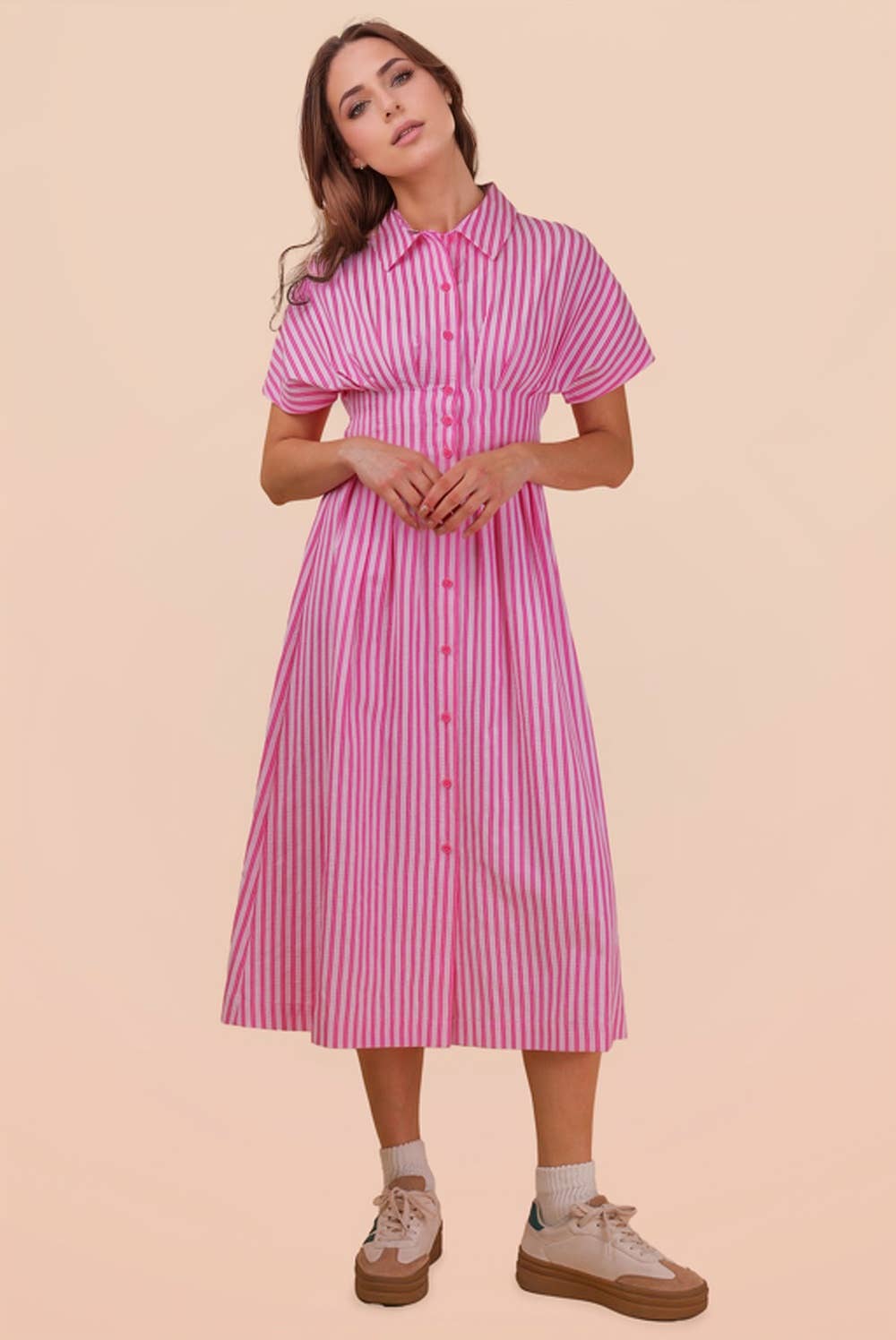 Stripe Waist Pleated Midi Shirt Dres
