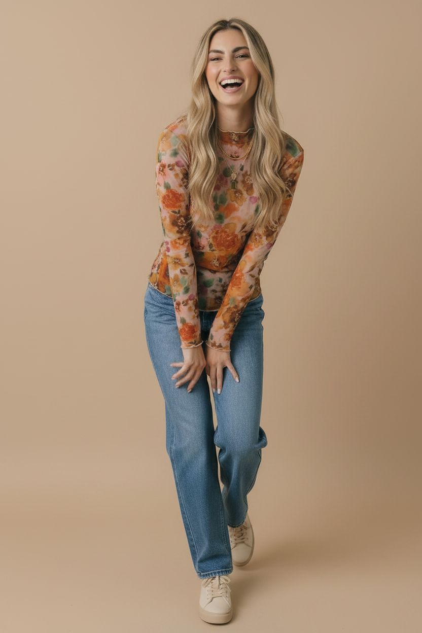 Plus Floral Mesh Frilled Merrow Hem Top