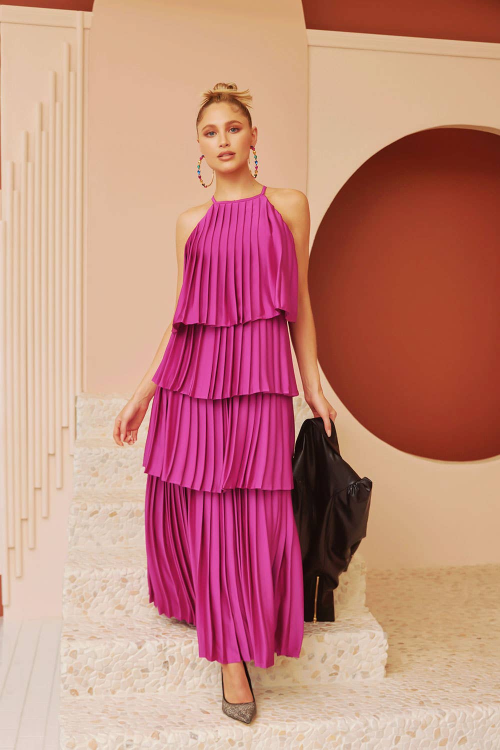 Pleated Satin Tiered Maxi Dress