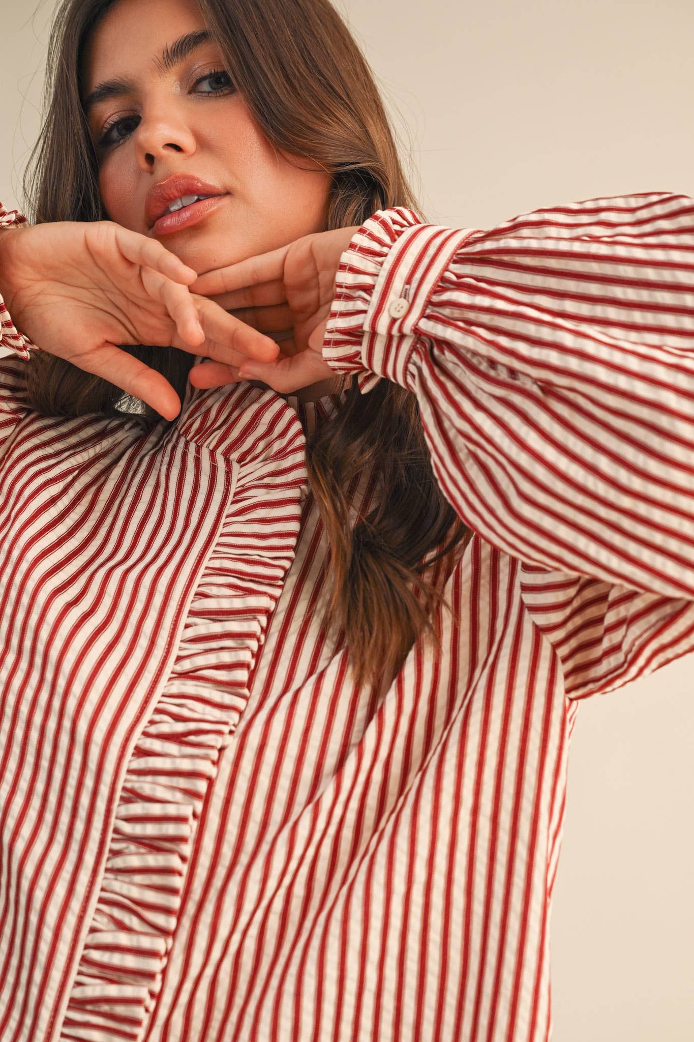 STRIPED RUFFLED BUTTON DOWN LONG SLEEVE TOP MTP4319