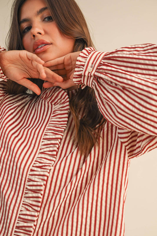 STRIPED RUFFLED BUTTON DOWN LONG SLEEVE TOP MTP4319