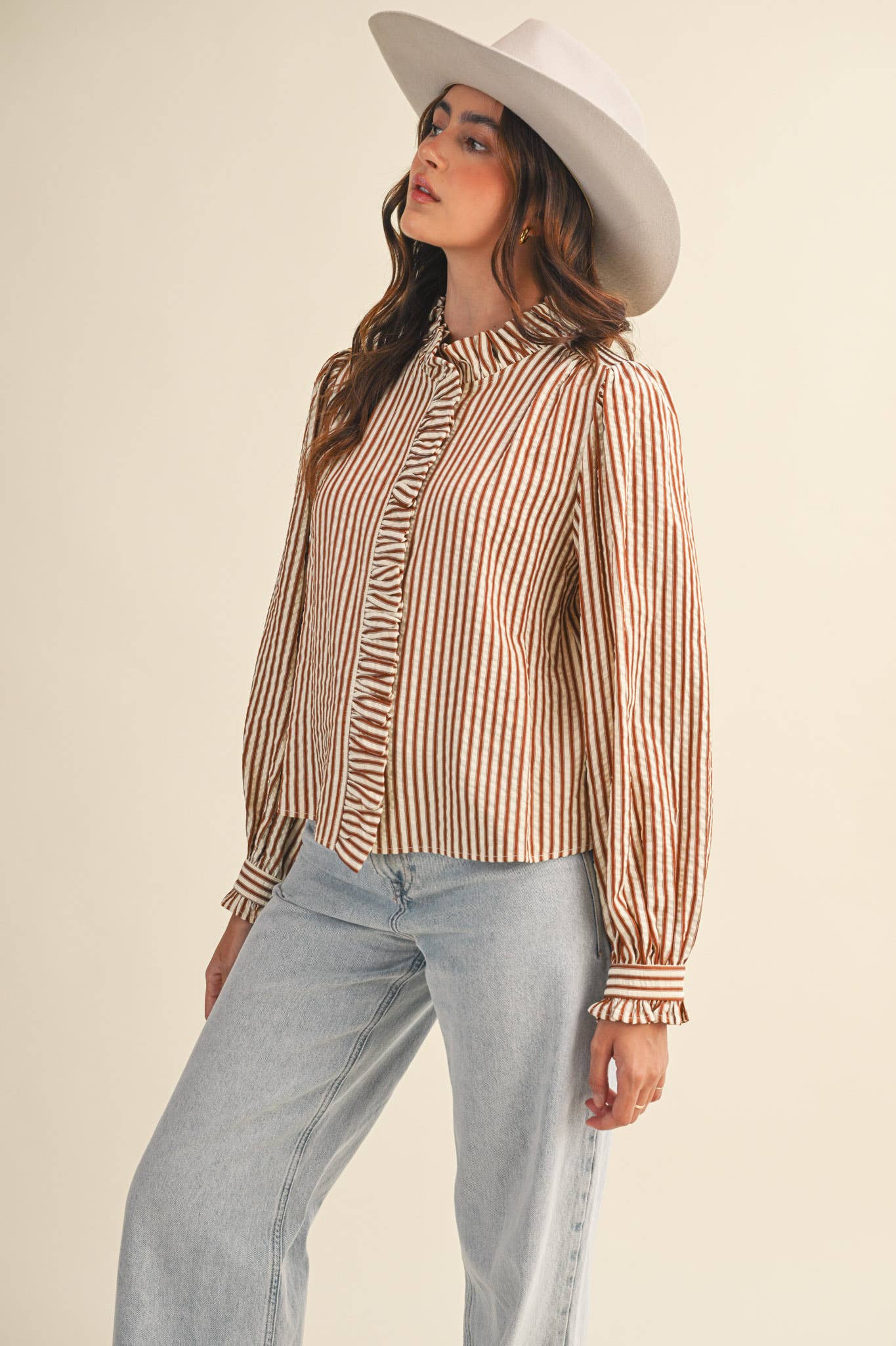 STRIPED RUFFLED BUTTON DOWN LONG SLEEVE TOP MTP4319