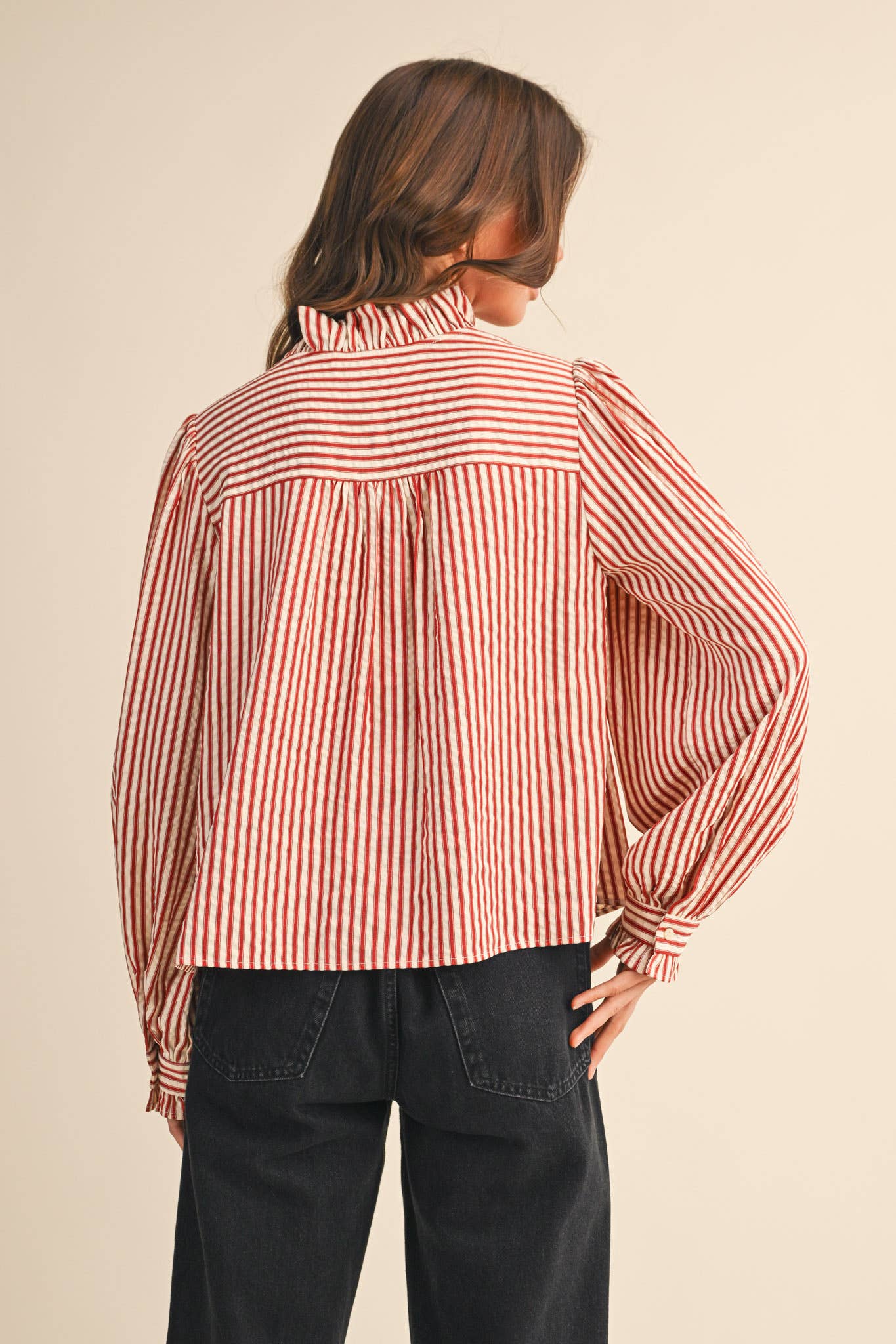 STRIPED RUFFLED BUTTON DOWN LONG SLEEVE TOP MTP4319