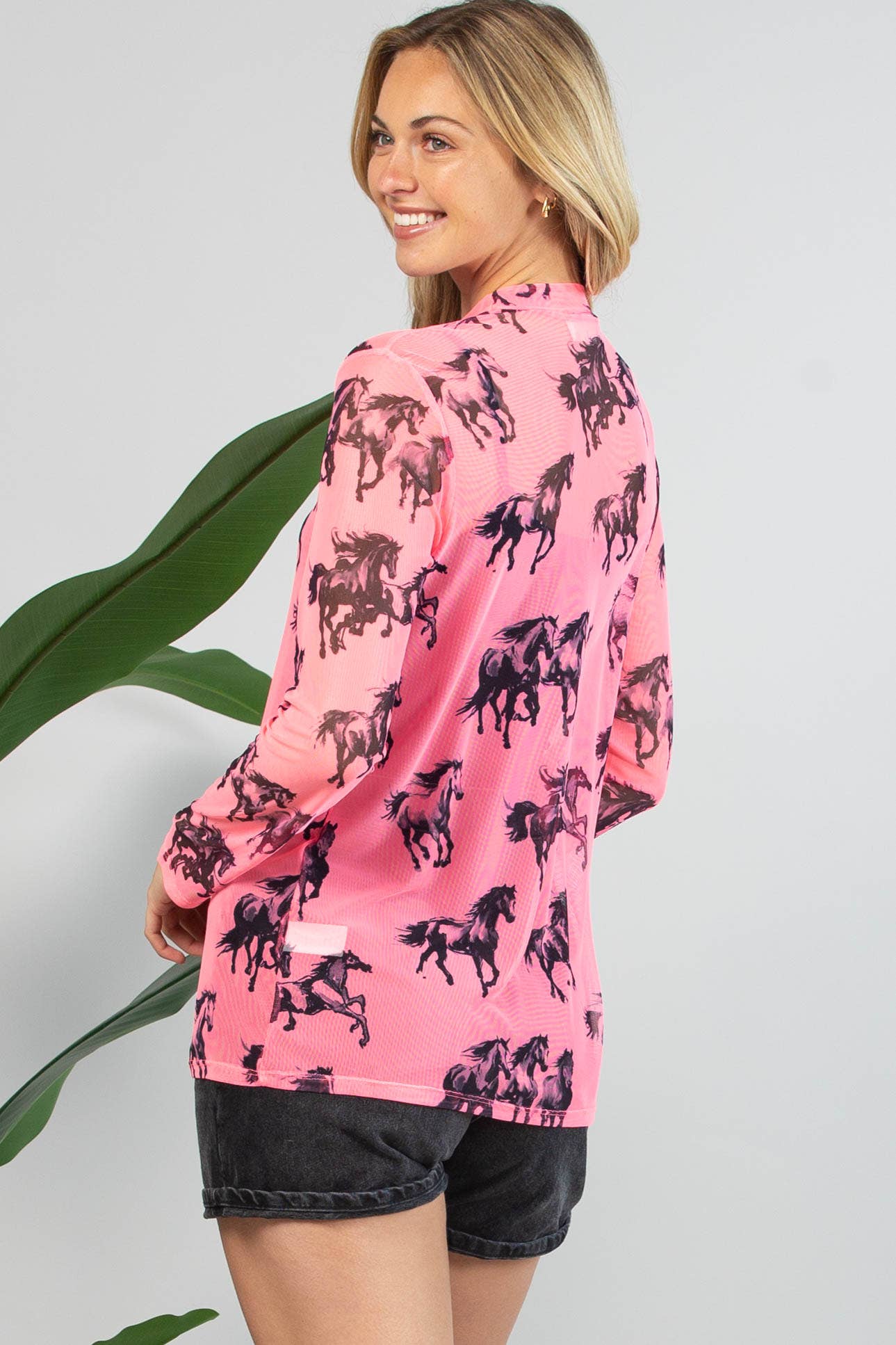 AV1230-KERRY HORSES PRINT SEMI SHEER MESH TOP