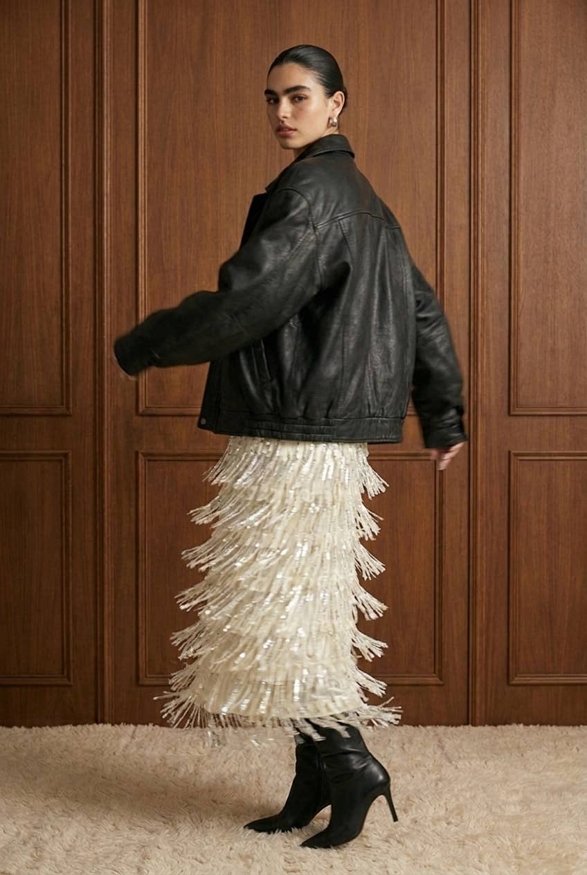 Tiered Sequin Fringe Column Skirt