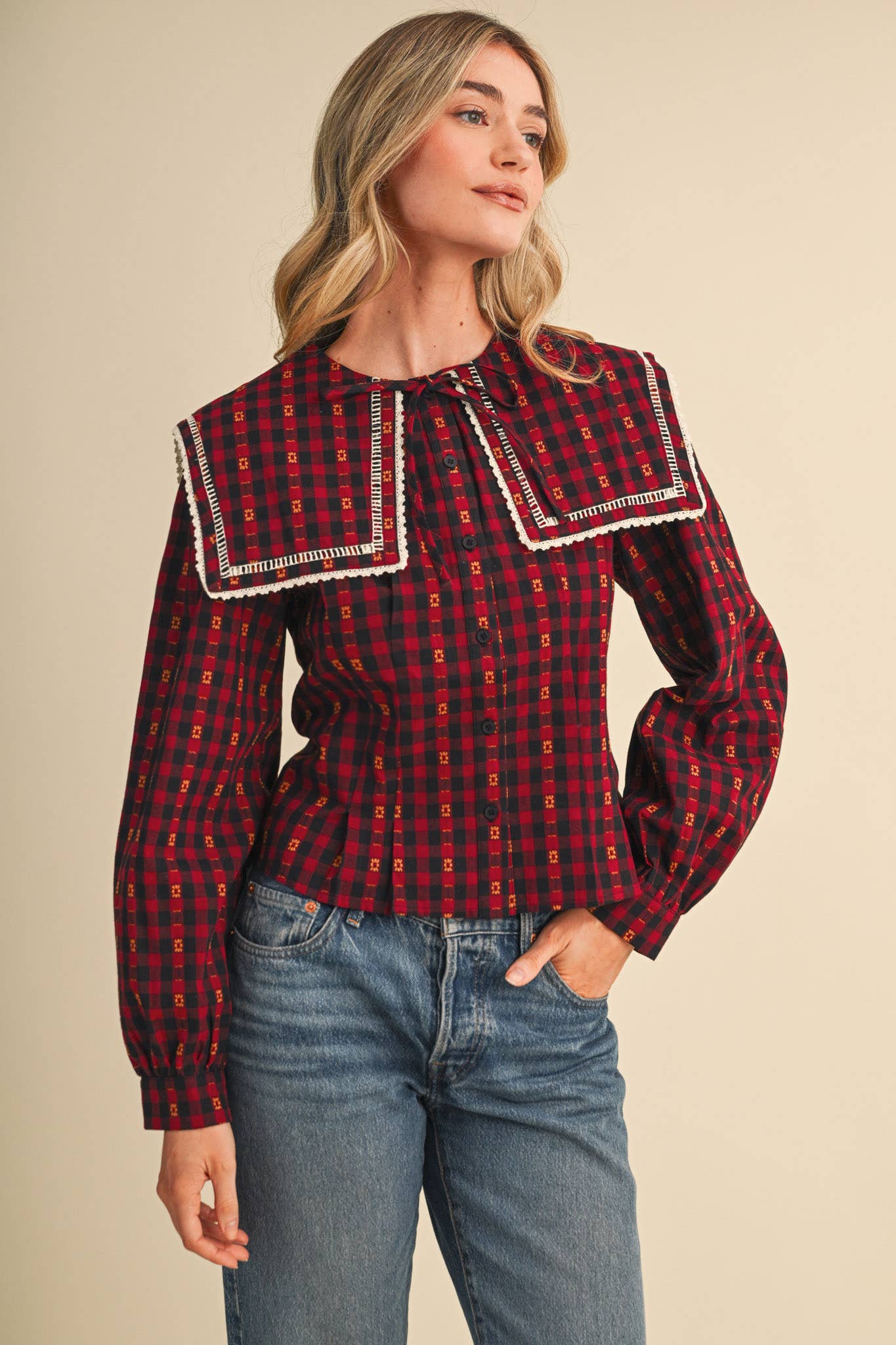 GINGHAM PILGRIM COLLAR BUTTON UP TOP MTP5151