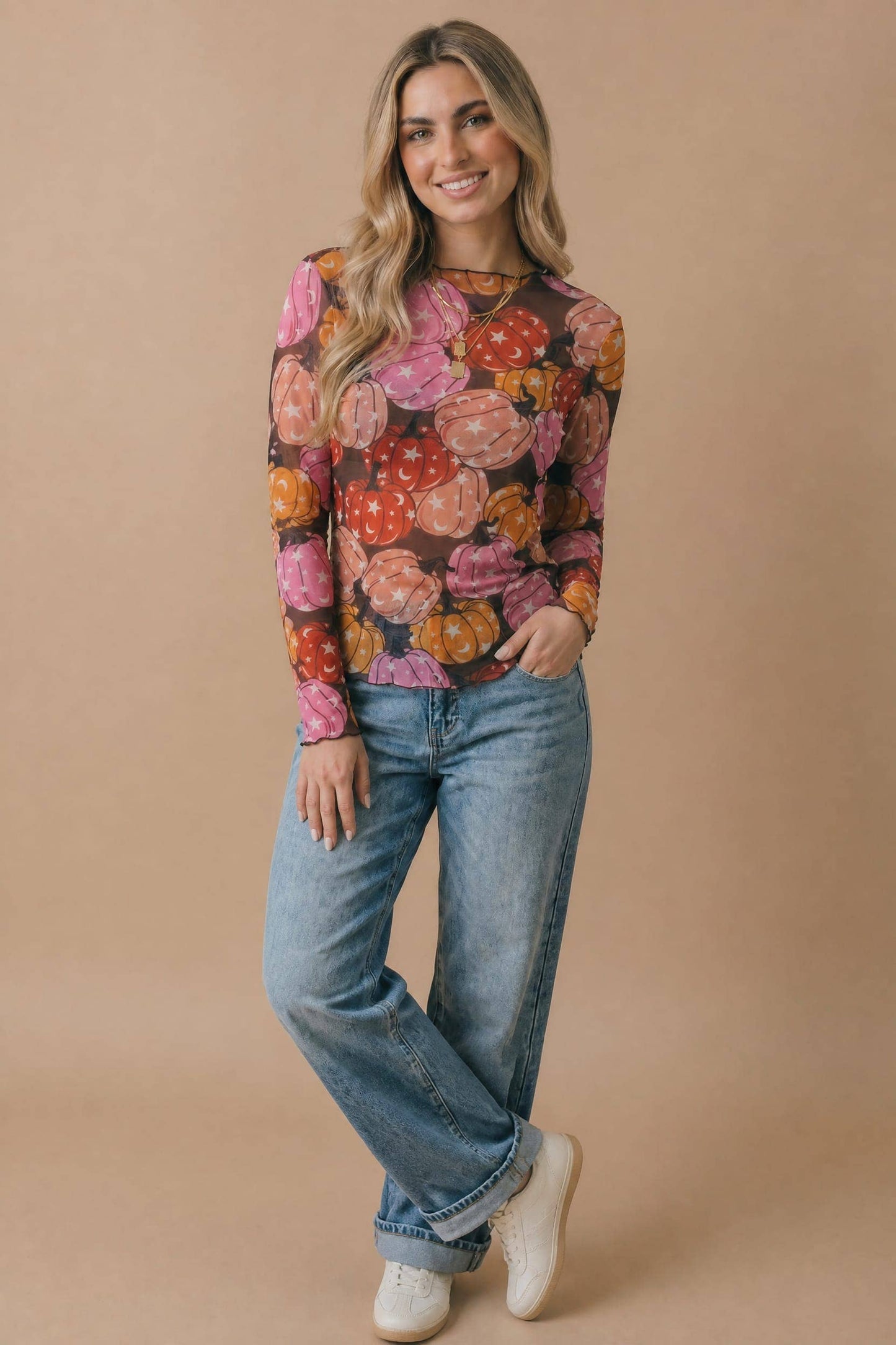 Plus Star and Moon Pumpkin Mesh Top