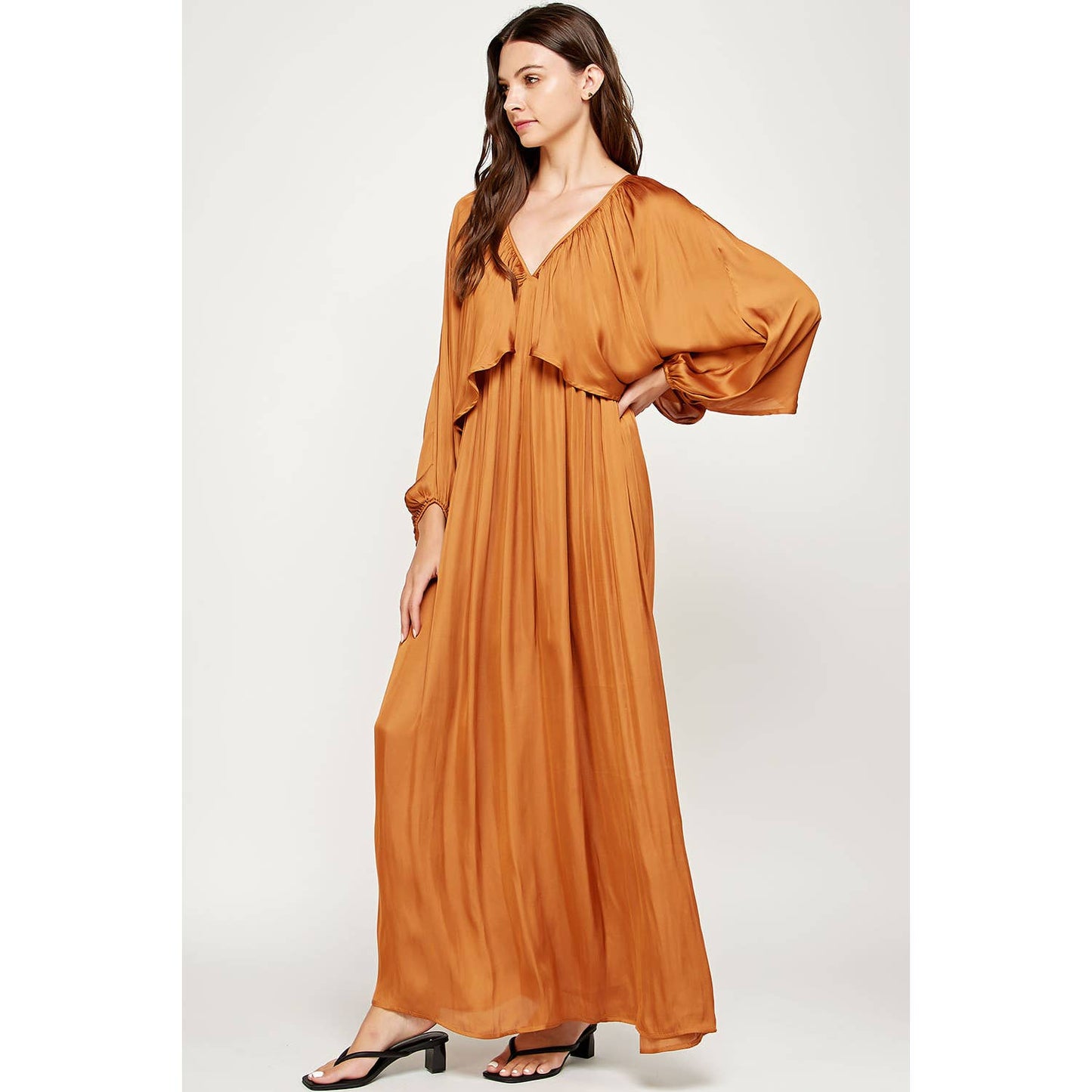 Shirred Satin Balloon Sleeve Maxi Dress