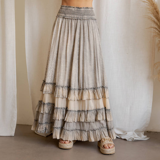 Rustic Smocked Waist Ruffled Tiered Maxi Skirt