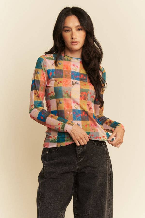 PLUS MULTI CHECKER FLORAL PRINTED MESH TOP
