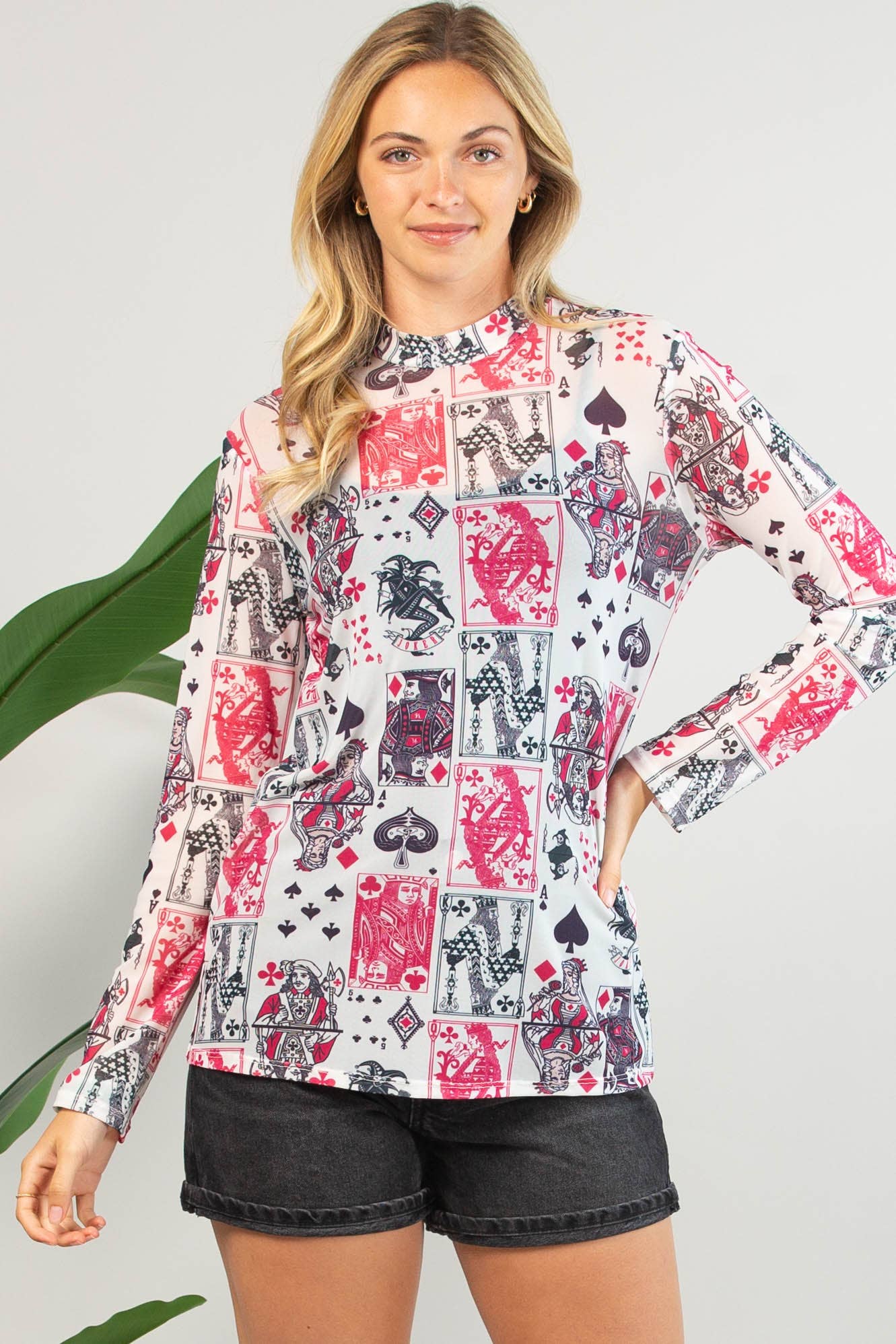 AV1230-ELLEN PLAYING CARDS PRINT SEMI SHEER MESH TOP