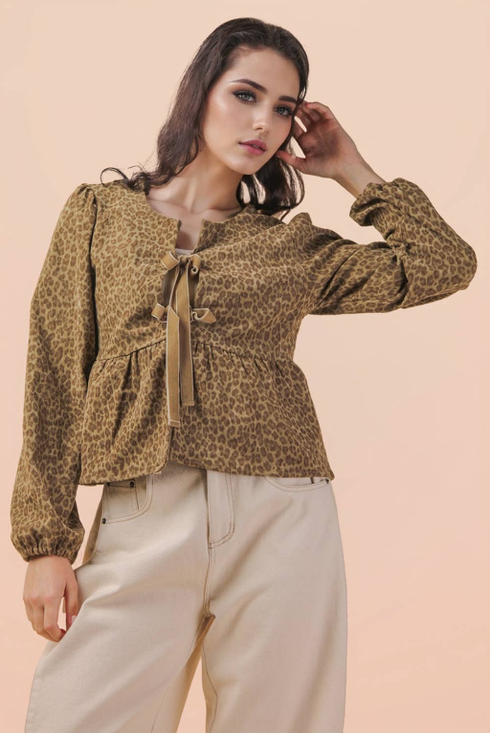Leopard Printed Front Tie Woven Blouse Top