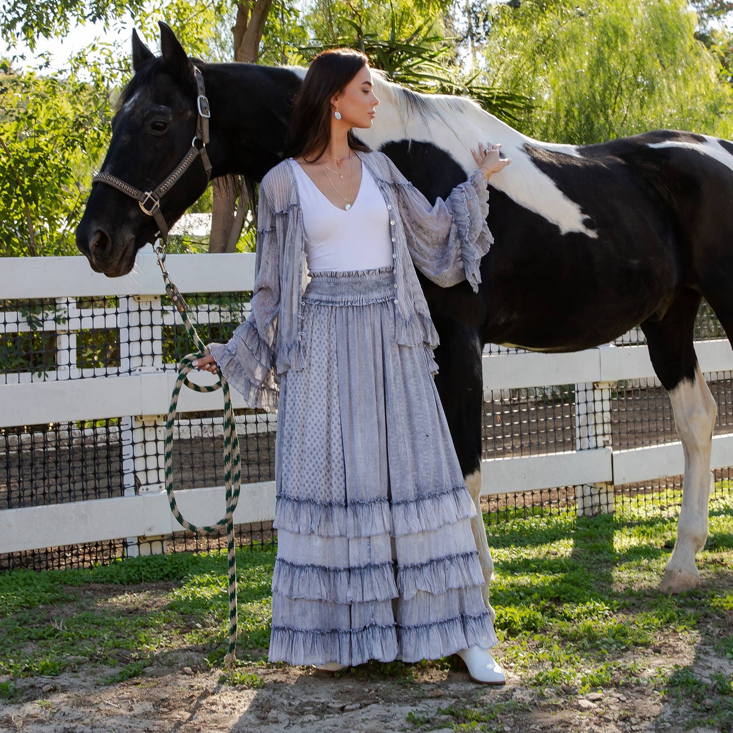 Rustic Smocked Waist Ruffled Tiered Maxi Skirt