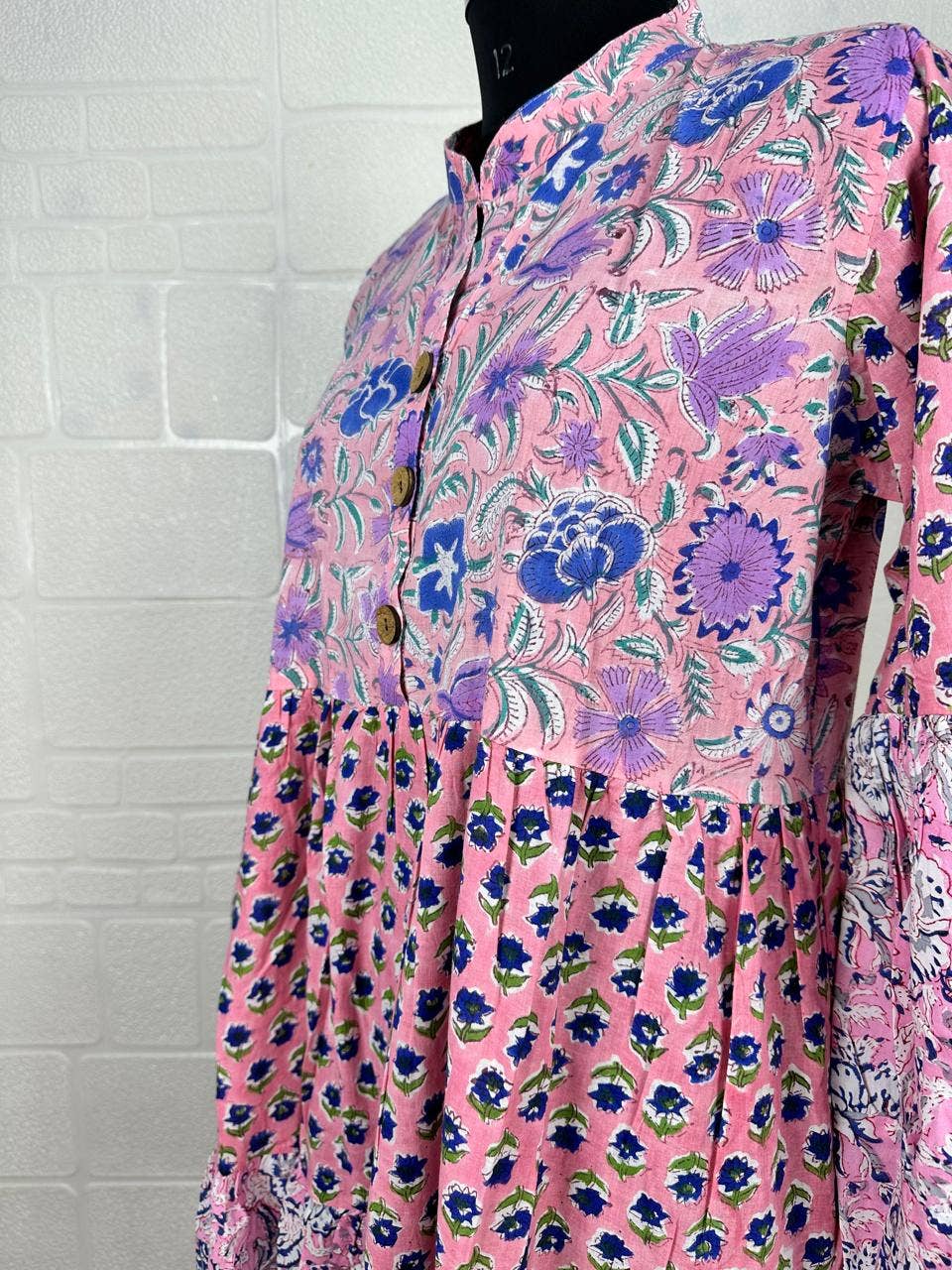 Pink 3 Layer Maxi Dress Pure Cotton Hand Block Print OneSize