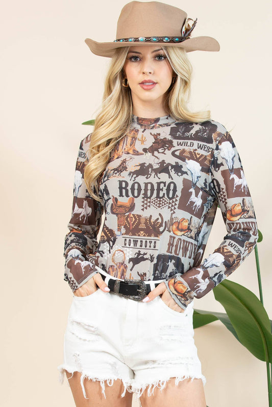 AV1230-AUBREY-6169 WESTERN RODEO SEMI SHEER MESH TOP