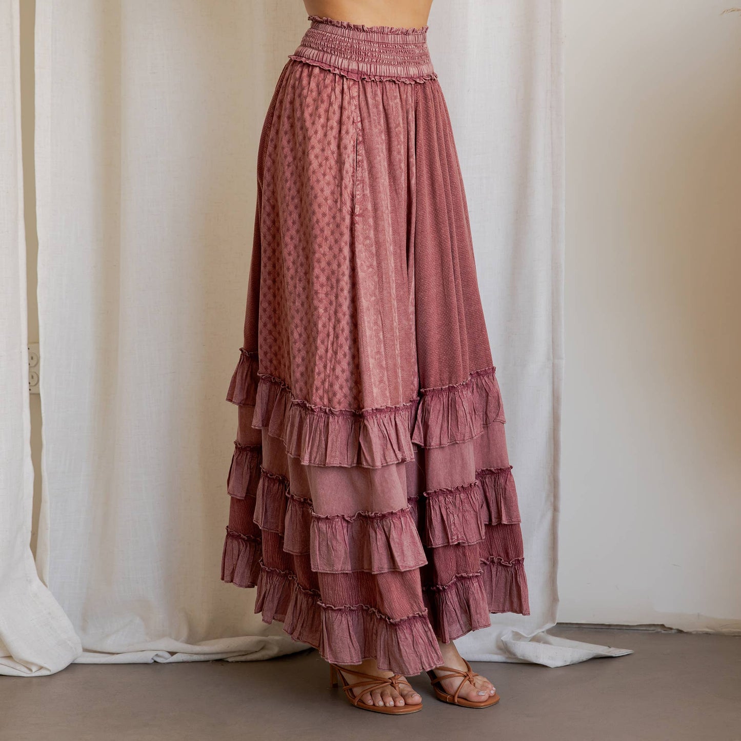 Rustic Smocked Waist Ruffled Tiered Maxi Skirt