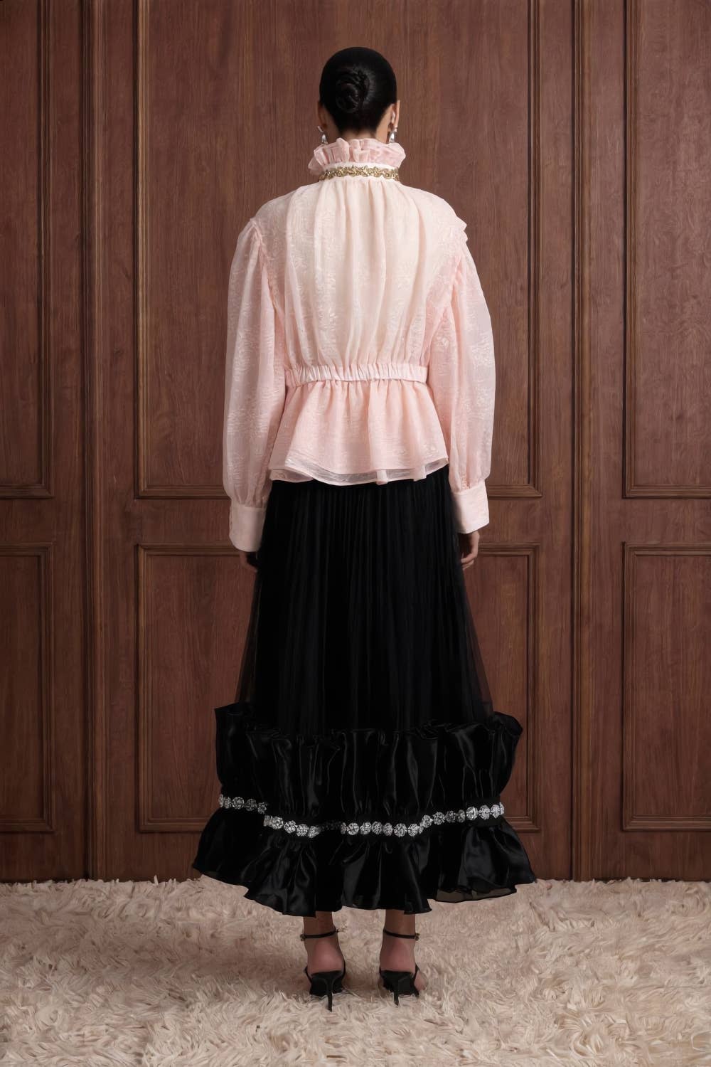 Embellished Ruffle Collar Organza Blouse