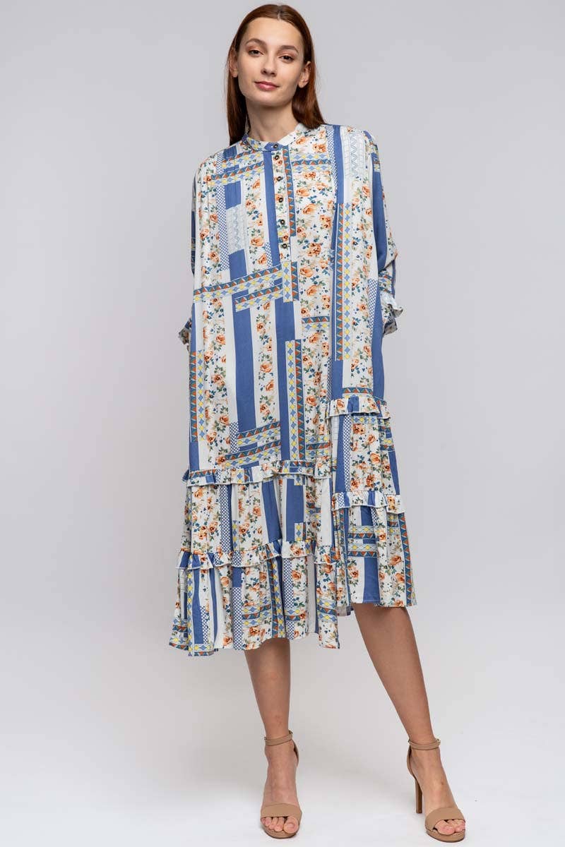 CREW NECK PRINTED DRESS WITH POCKETS