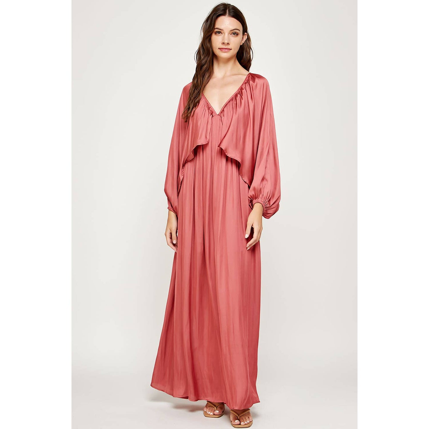 Shirred Satin Balloon Sleeve Maxi Dress