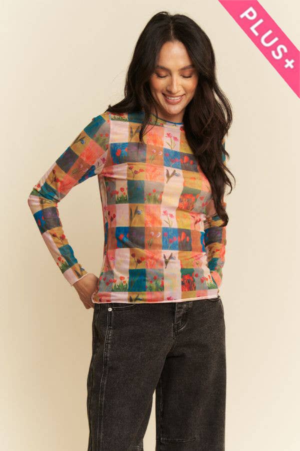 PLUS MULTI CHECKER FLORAL PRINTED MESH TOP