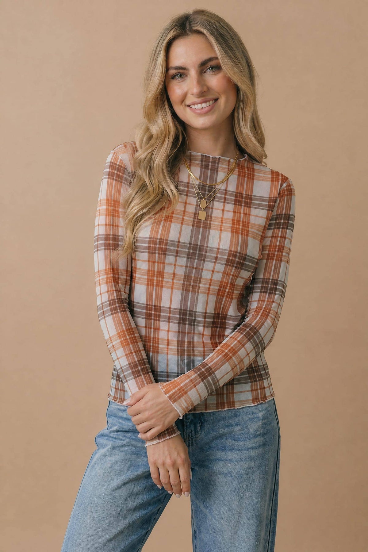 Plus Plaid Mesh Semi Sheer Top