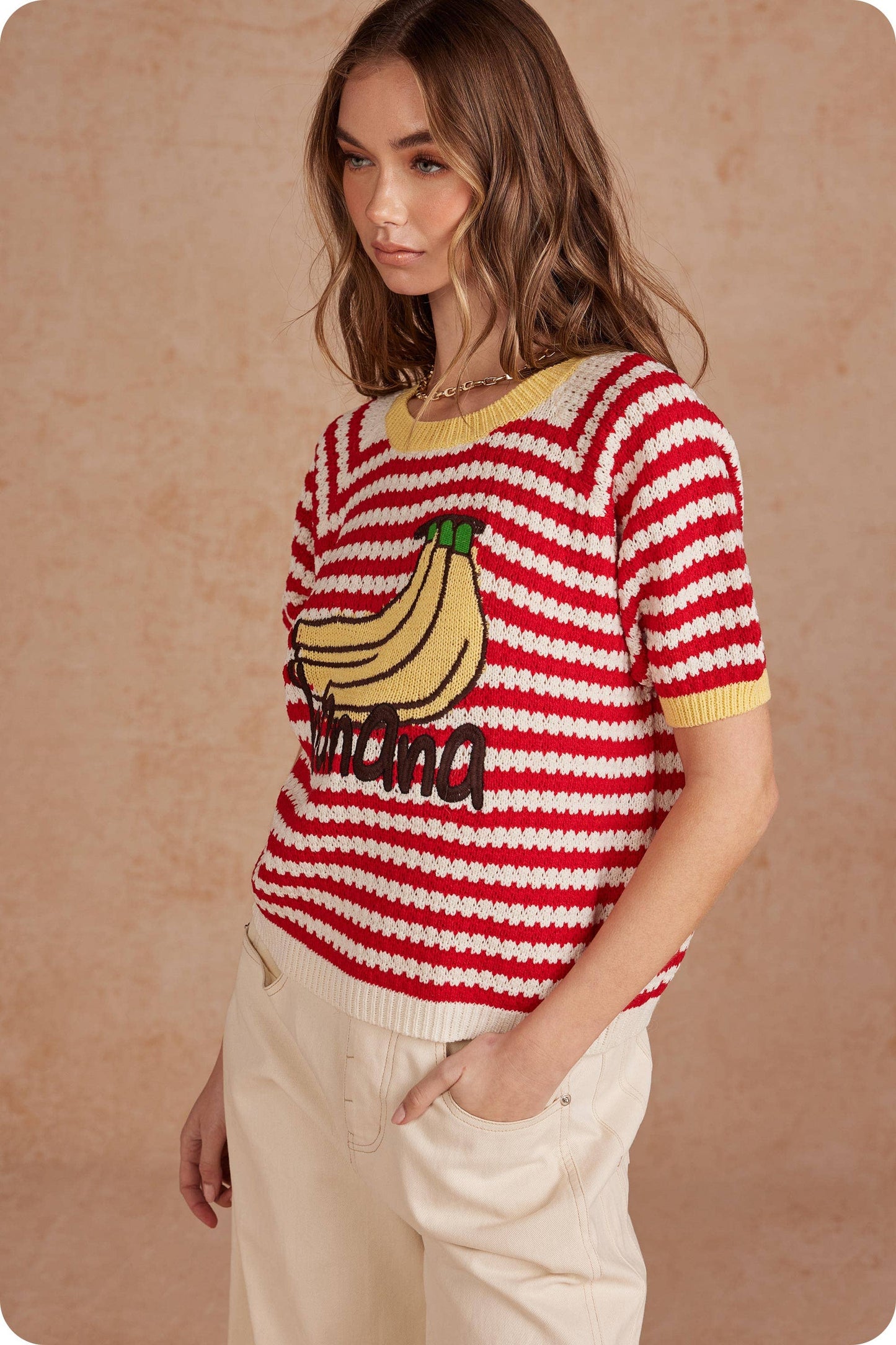 Playful Striped Banana Graphic Short Sleeve Sweater Top