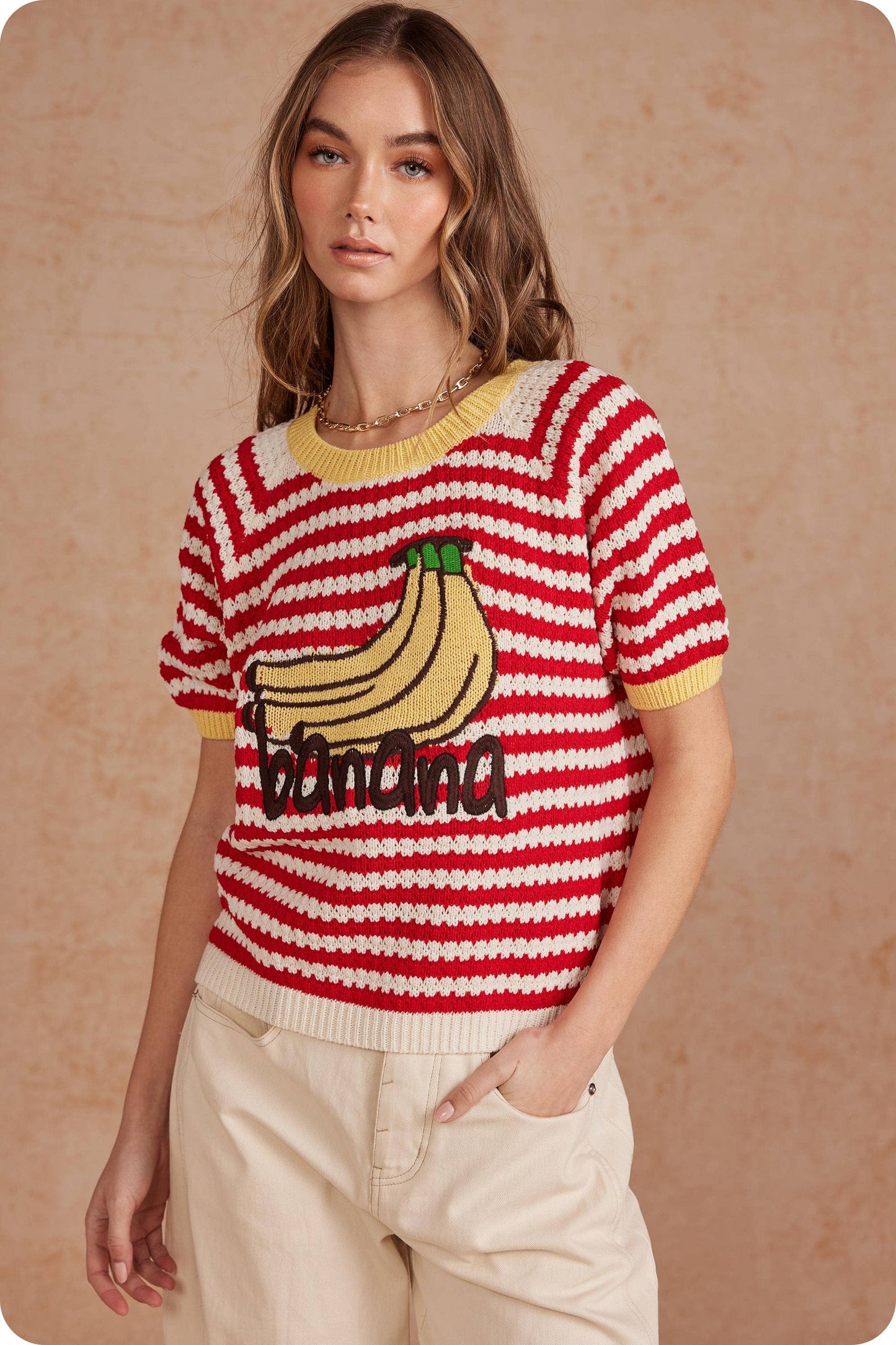 Playful Striped Banana Graphic Short Sleeve Sweater Top