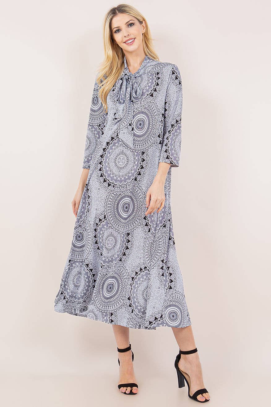 PLUS SIZE TIE-NECK A-LINE MODEST DRESS WITH SIDE POKTES